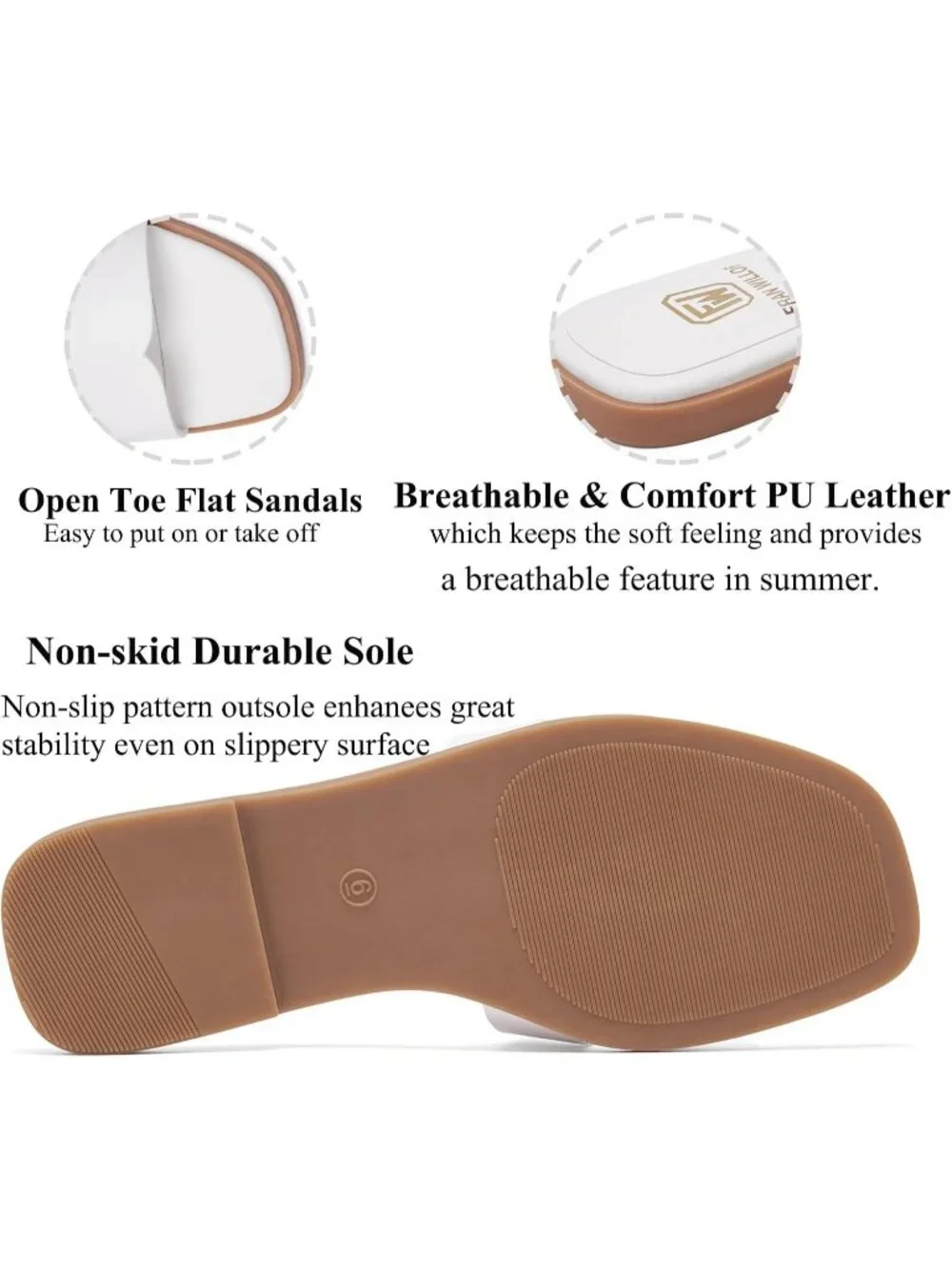 Women's White Flat Comfortable Slide Fashion Square Open Toe Slip Beach Sandal